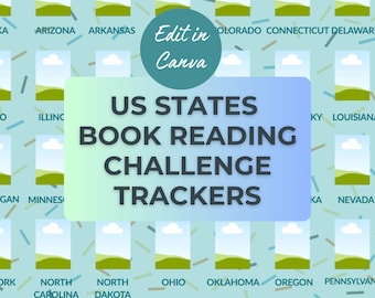 Sfida di lettura degli Stati Uniti / Tracker Canva modificabile / Registro delle sfide di lettura dei 50 stati degli Stati Uniti