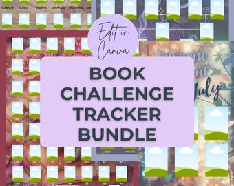Pacchetto di sfide di lettura / Tracker di libri Canva modificabili / Cinque design per il tracker di lettura