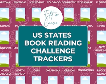 USA Staaten Buch-Challenge | Bearbeitbarer Canva Tracker | 50 US Bundesstaat Reading Challenge Log
