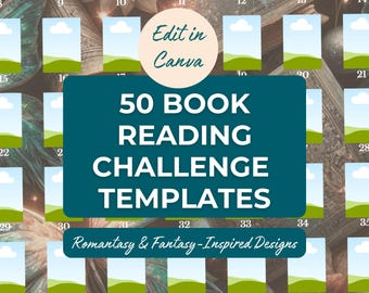 50 modelli di sfide di lettura di libri / Modificabili in Canva / Design ispirati al fantasy e al romanticismo