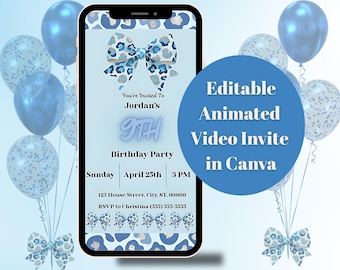 Invito video di compleanno con fiocco blu leopardato (MP4 digitale, modello Canva modificabile)