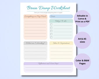 Foglio di lavoro stampabile per lo scarico delle cervelli / Pastello, Bianco e Nero / Modello Canva modificabile (Lettera e A4)