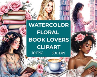 Aquarell Blumen Bücherwurm Clip Art | 30 PNG-Dateien (300 DPI) | Lese Mädchen & Buchliebhaber Designs