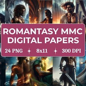 Könnte beinhalten: Eine digitale Kunstcollage mit muskulösen männlichen Figuren in Fantasy-Umgebungen. Das Bild enthält ein Banner mit dem Text "ROMANTASY MMC DIGITAL PAPERS" sowie Details: 24 PNG, 20.32 x 27.94 cm und 300 DPI. Das Gesamtthema ist Fantasy-Kunst.