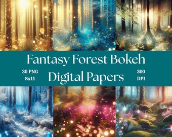 Sfondi digitali/PNG con effetto bokeh a tema foresta fantastica per diari digitali e scrapbooking (300 DPI)