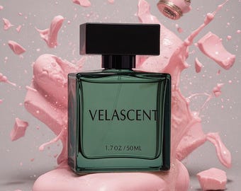 May include: A square, green-tinted glass bottle of Velascent perfume with a black cap. The bottle sits on a pink, abstract shape, with pink liquid and broken pieces surrounding it. The bottle reads "1.7 OZ / 50ML".