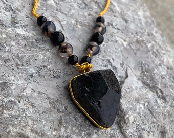 Black Tourmaline, agate and glass on silk cord
