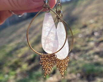 Rose Quartz and gold teardrop earrings