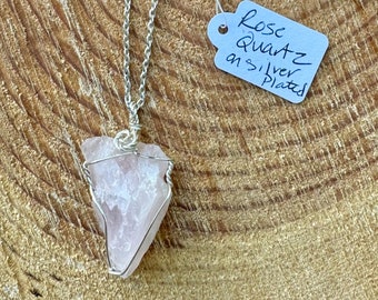 Wrapped Rose Quartz pendant of silver plated chain