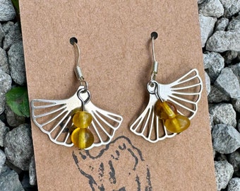 Amber with Ginkgo leaf on sterling silver plated hook earrings