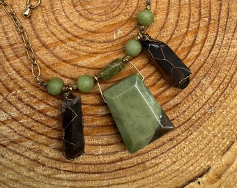 Jade, Agate and Smoky Quartz on plated gold necklace