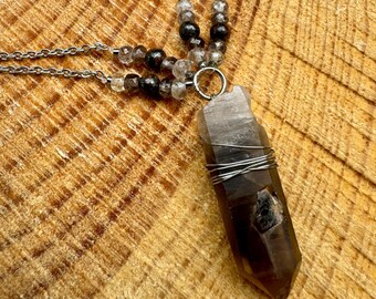 Smoky Quartz, Bronzite, and glass Necklace
