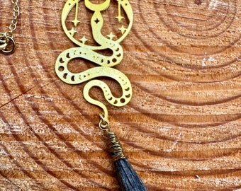 Black Kyanite and Jasper with plated gold Snake and Moon adjustable necklace