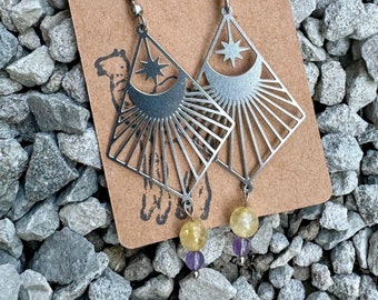 Citrine and Amethyst moon and star earrings