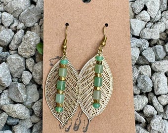 Green Aventurine with leaf on gold plated hook earrings