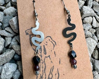 Black Onyx and Garnet with snake on  silver plated hook earrings