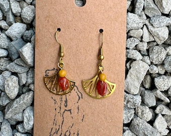 Carnelian and Mookite with gold Lotus on gold plated hook earrings
