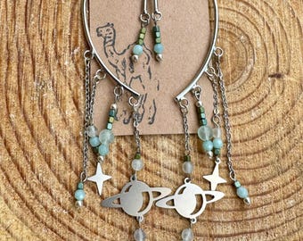 Hematite, Fluorite, and Amazonite Saturn Dangle Ear Wraps