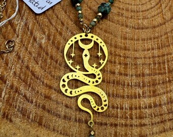 African turquoise and plated gold Snake and Moon adjustable necklace
