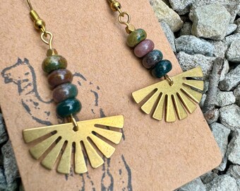 Agate with sun on gold plated hook earrings