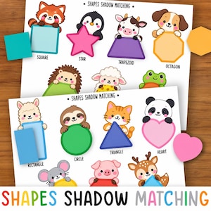 May include: Two educational activity sheets titled SHAPES SHADOW MATCHING featuring cartoon animals holding various colored shapes including a square, star, trapezoid, octagon, rectangle, circle, triangle, and heart with labels below each shape.