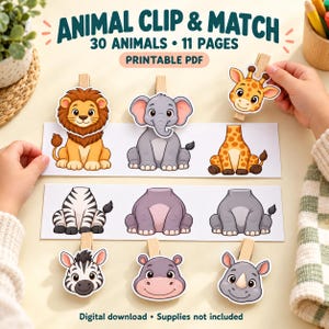 May include: Animal Clip & Match printable PDF activity featuring 30 animals across 11 pages. The set includes paper animal heads and bodies to be matched using wooden clothespins, showing a lion, elephant, giraffe, zebra, hippo, and rhino.