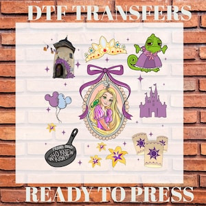 May include: DTF TRANSFERS and READY TO PRESS text above and below a collection of cartoon images. Includes a tower, crown, chameleon, princess, castle, balloons, frying pan, flowers, and lanterns.