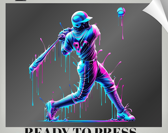 May include: A DTF transfer featuring a baseball player swinging a bat with a neon blue and pink paint drip effect. The player wears a uniform with the number 87. A baseball is visible above the bat. The text reads DTF TRANSFERS READY TO PRESS.