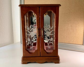 Vintage Wooden Jewelry Box Cabinet | Etched Floral Glass Doors