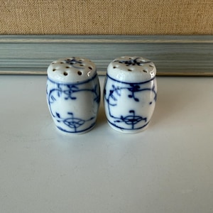 May include: Two small, white ceramic salt and pepper shakers with a blue floral design. The shakers are barrel-shaped with multiple holes on top for dispensing. The blue design is a delicate, hand-painted pattern.