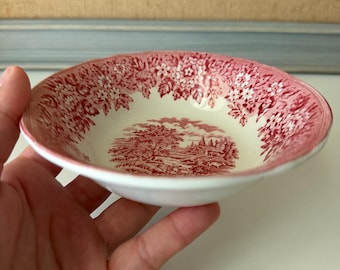 Vintage Pink Transferware Fruit Bowl - 5.25" English Pastoral Scene - Red & White Ceramic Dessert Dish
