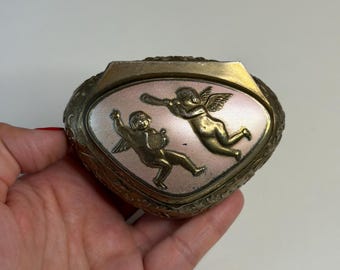 Vintage Made in Japan Ornate Metal Trinket Box with Cherub Lid