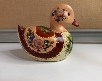Vintage Hand Painted Folk Art Wooden Duck Signed Audrey Bottin 1986 Floral Cottage Decor