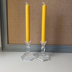 Vintage 24% Full Lead Crystal Candlestick Holders Pair, Hexagonal Base Taper Candle Holders