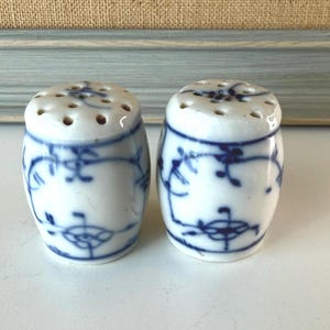 May include: A pair of white ceramic salt and pepper shakers with a barrel-shaped design. Each shaker features a hand-painted blue floral pattern and a top surface with multiple small holes for dispensing seasoning in a kitchen setting.