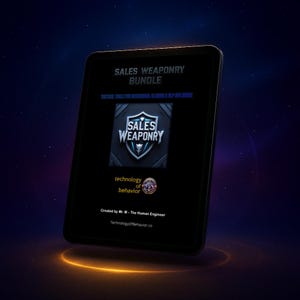 Pode incluir: Um tablet preto exibe o logotipo "SALES WEAPONRY BUNDLE", com o texto "TACTICAL TOOLS FOR PERSONAL CLOSING & SELF-DEFENSE". O tablet está sobre um fundo gradiente azul escuro e laranja.