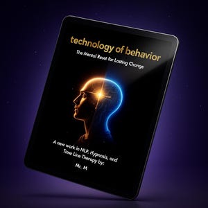 Può includere: Un tablet digitale mostra la copertina del libro "technology of behavior" con un'illustrazione di testa umana luminosa. Il testo recita "The Mental Reset for Lasting Change" e "A new work in NLP, Hypnosis, and Time Line Therapy by: Mr. M."