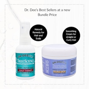 Puede incluir: Un paquete de productos para el cuidado del cabello de Dr. Dee's, que incluye un spray de péptidos de plata y una crema suavizante. El spray está etiquetado como "Scalp Therapy" y contiene 60g. La crema es para cabello liso o rizado y es de 240g.
