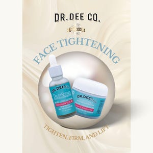 Puede incluir: Anuncio de productos para el cuidado de la piel Dr. Dee Co. La imagen presenta un frasco de suero y un tarro de mascarilla facial, ambos con etiquetas azules y blancas. El texto en los productos dice "Face Tightening" y "Collagen Serum". El fondo es un diseño perlado.