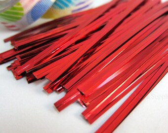 100 Christmas Red metallic twist ties 4 inch
