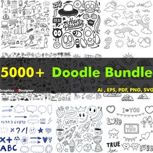 Może przedstawiać: Kolekcja czarno-białych ilustracji doodle, zawierająca różne ikony, kształty i tekst. Obraz zawiera tekst "5000+ Doodle Bundle" i "Graphics Designer". Formaty plików to Ai, EPS, PDF, PNG i SVG.