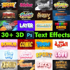 30 Premium Photoshop Text Effects, 3D Fully editable text effects, Layer styles, PSD Text Mockup Template, Cinematic, Gold, Silver, Wood