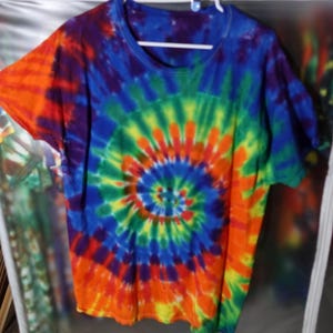 Large tie dye T-shirt, offset rainbow spiral