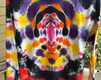Mandala; multicolored. Handmade tie dye long-sleeve shirt. 100% cotton, Adult Small.