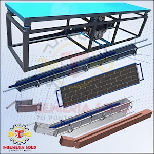 Pode incluir: Um diagrama explodido de uma máquina com uma mesa turquesa e uma estrutura de metal preta. Vários componentes são mostrados, incluindo uma estrutura semelhante a tijolos, uma calha de metal com detalhes azuis e um suporte de madeira. O texto "INGENIERIA SOLID" é visível.