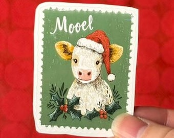 Mooel Christmas Cow Sticker – Cute Holiday Cow in Santa Hat, Punny Farm Christmas Sticker, Waterproof Vinyl Decal