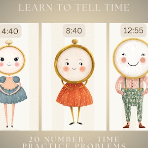 Op de afbeelding: Educatieve print met drie klokgezichten die de tijden 4:40, 8:40 en 12:55 weergeven. De afbeelding bevat de tekst "EARLY LEARNING - LEARN TO TELL TIME" en "20 NUMBER + TIME PRACTICE PROBLEMS".