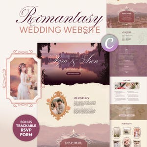May include: A wedding website design with a romantic theme. The design features a soft color palette, a photo of a bride, and the text "Romantasy WEDDING WEBSITE". Additional sections include RSVP, chapters, and portraits.
