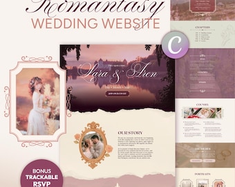 May include: A wedding website design with a romantic theme. The design features a soft color palette, a photo of a bride, and the text "Romantasy WEDDING WEBSITE". Additional sections include RSVP, chapters, and portraits.