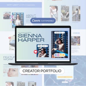 May include: A laptop screen showing a website design with the text "SIENNA HARPER" and "CREATOR PORTFOLIO." The design incorporates images of a woman, social media icons, and the Canva logo. The colour scheme is predominantly blue and white.